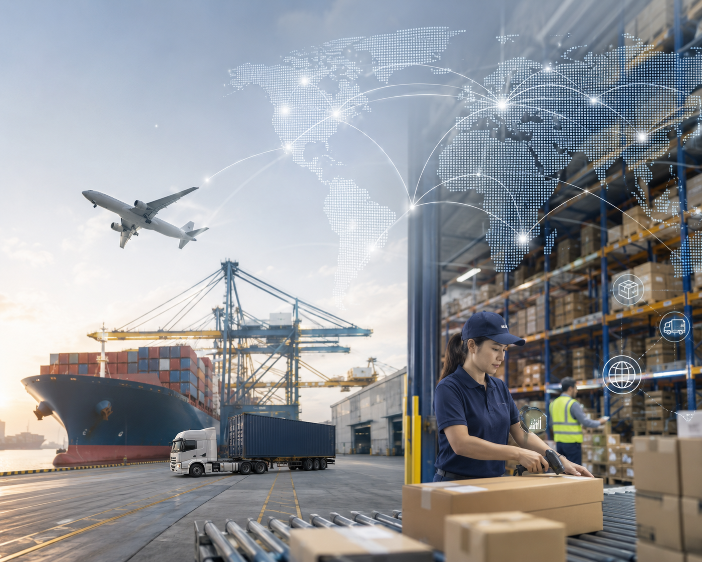 International logistics operations connecting air freight, ocean freight, road transport and ecommerce fulfilment